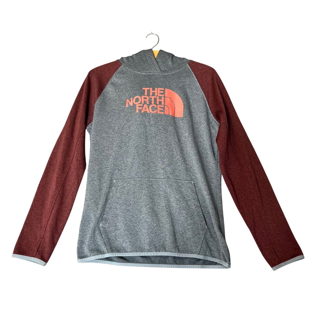 The North Face Hoodie Women Large Grey Burgundy Raglan Pullover Logo